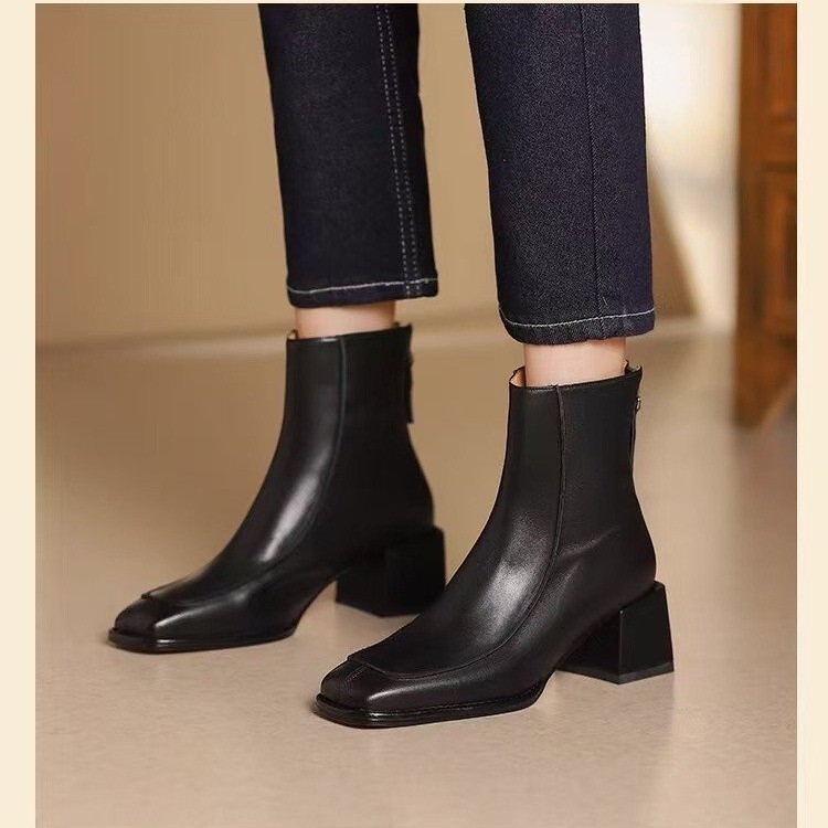 French retro square toe simple short boots for women summer and autumn soft leather thick heel Martin boots for women fashion nude boots for women